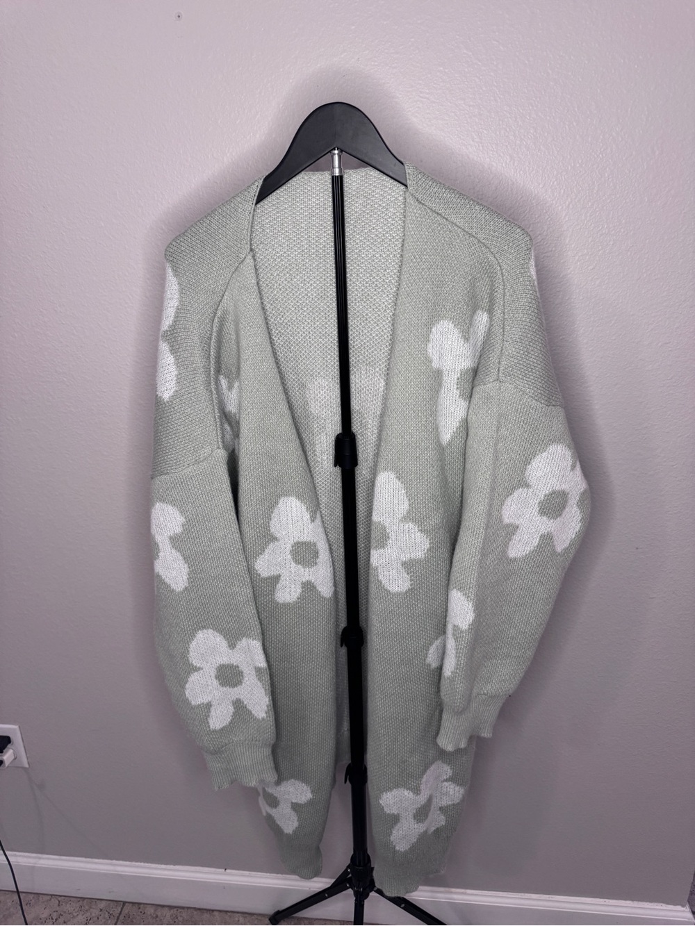 Light Sage Floral Open-Front Knit Cardigan